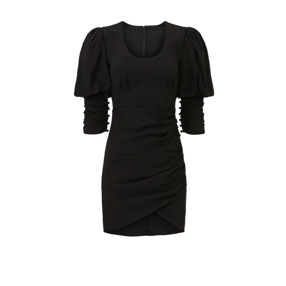 Self-Portrait Black Puff-Sleeve Ruched Mini Dress